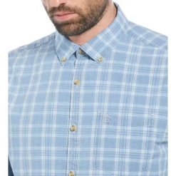 Cotton Indigo Plaid Print Button-Down Shirt