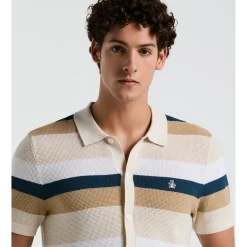 Mesh Stripe Button Front Sweater Polo