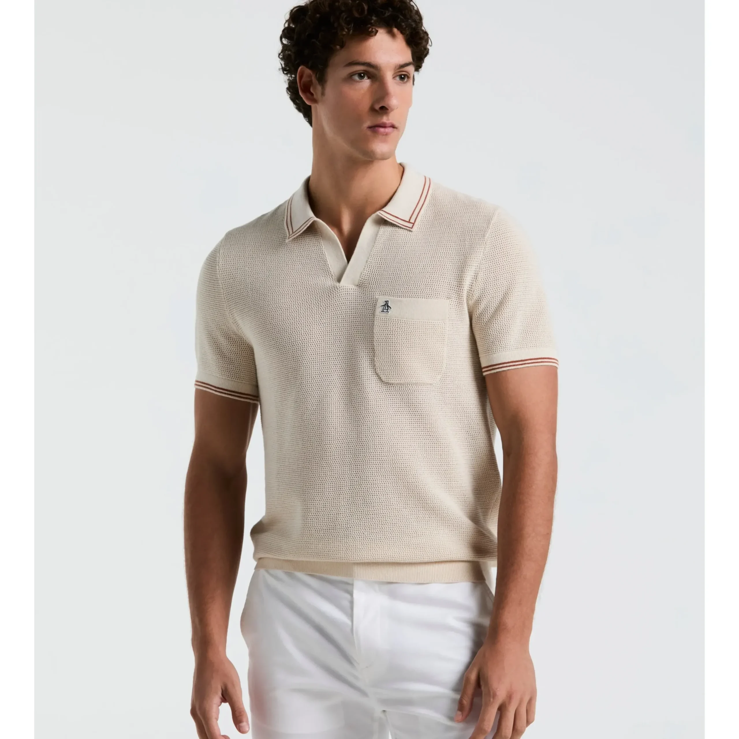 Mesh Tipped Johnny Collar Sweater Polo